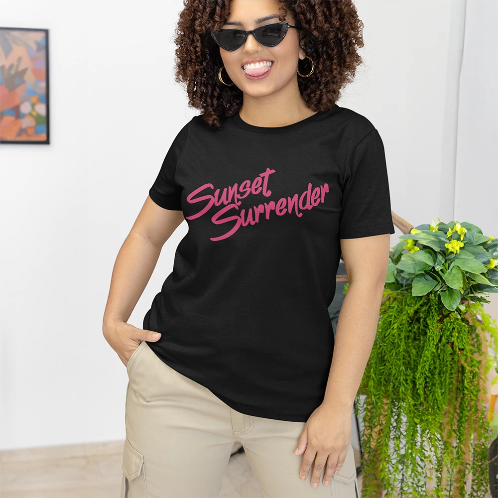 black t shirt whit sunset surrender logo for women black t shirt whit sunset surrender logo for women
